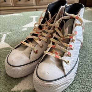 Converse White High-Top Platform Sneakers with Floral Multicolor Laces